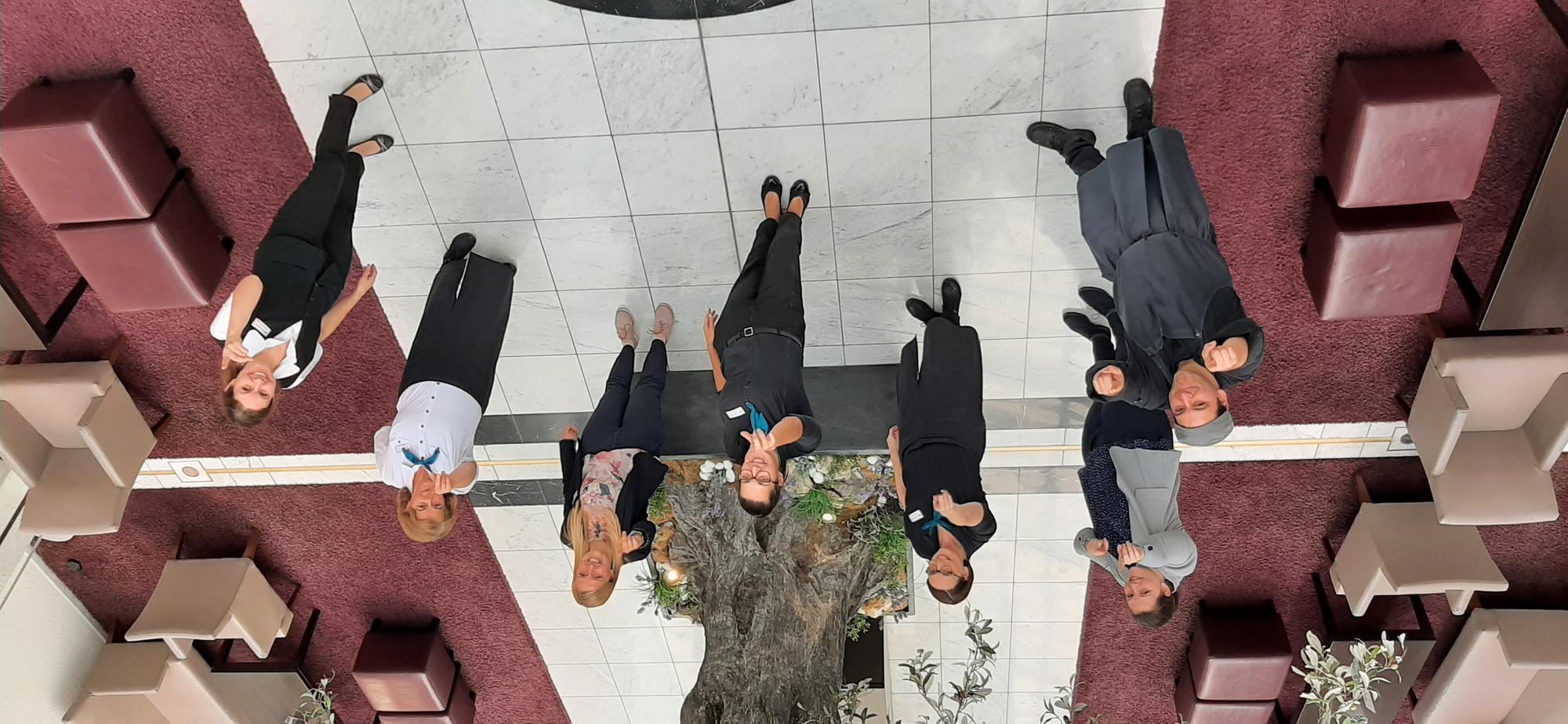 Acht Mitarbeitende stehen kreisförmig um eine große Pflanze auf gefliestem Boden, zeigt nach oben zur Kamera.